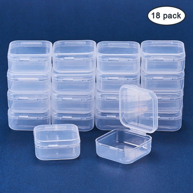 18 stk. små æsker firkantet gennemsigtig plast smykker opbevaringsetui efterbehandling container emballage opbevaringsboks til øreringe ringe