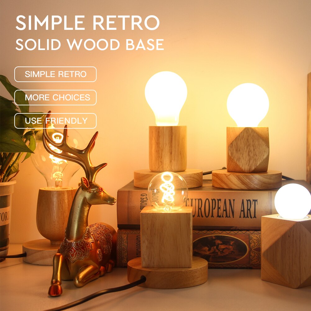 Retro Wood Table Lamp E27 Socket Vintage Desk Lamp Base Holder EU Plug Bedside Lamp Decoration Wooden Base Table Light 220V 110V