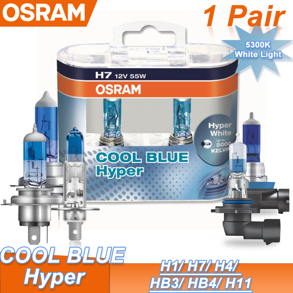 OSRAM Cool Blue Hyper White H1 H7 H4 H1 H11 HB3 9005 HB4 9006 Halogen Headlight Car Light Hi/Lo Beam 5300K 12V 55W Bulb, Pair