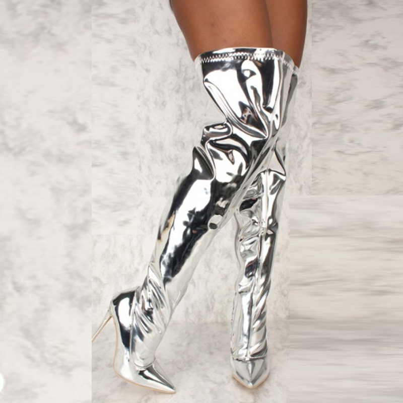 Bottes Punk à talons hauts et fins pour femmes, chaussures longues à plateforme miroir, bout pointu, au-dessus du genou, avec fermeture éclair, argentées, de fête, automne et hiver