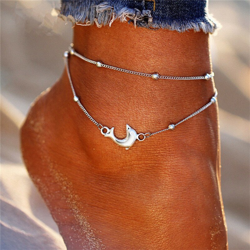 Bohemian Multilayer Tassel Anklets For Women Pearl Beads Dolphin Evil Eye Cactus Shell Pendant Ankle Bracelet Foot Chain Jewelry