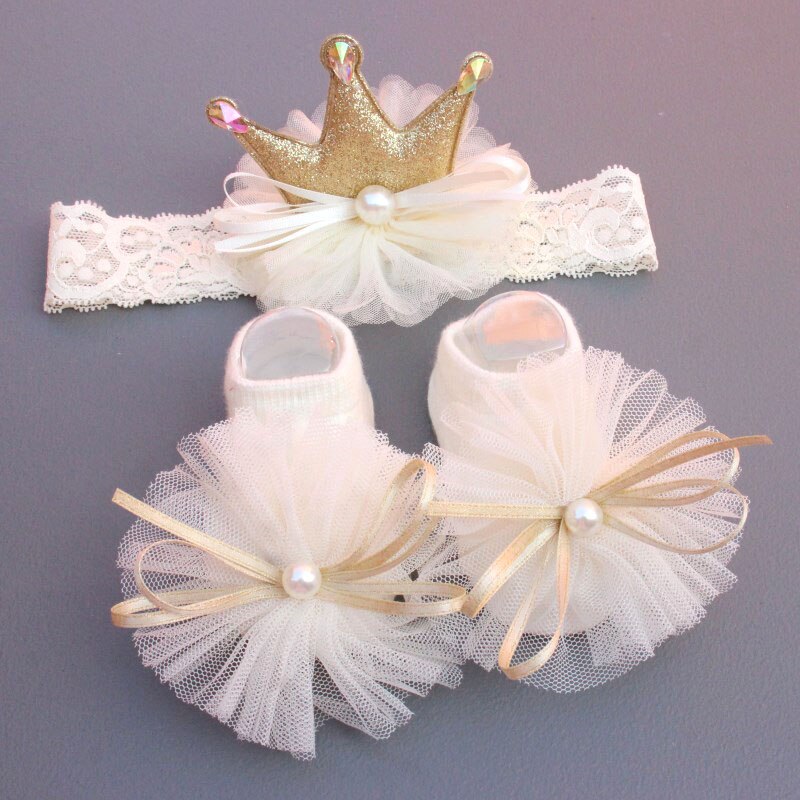 2 Stks/set Prinses Baby Meisjes Sokken Hoofdband Kant Strikken Baby Peuter Sokken Pasgeboren: set5