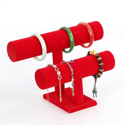 BUENOS Vintage PU Leather / Velvet T-Bar Rack Bracelet Chain Watch Jewelry Organizer Holder Jewelry Display Stand: red2