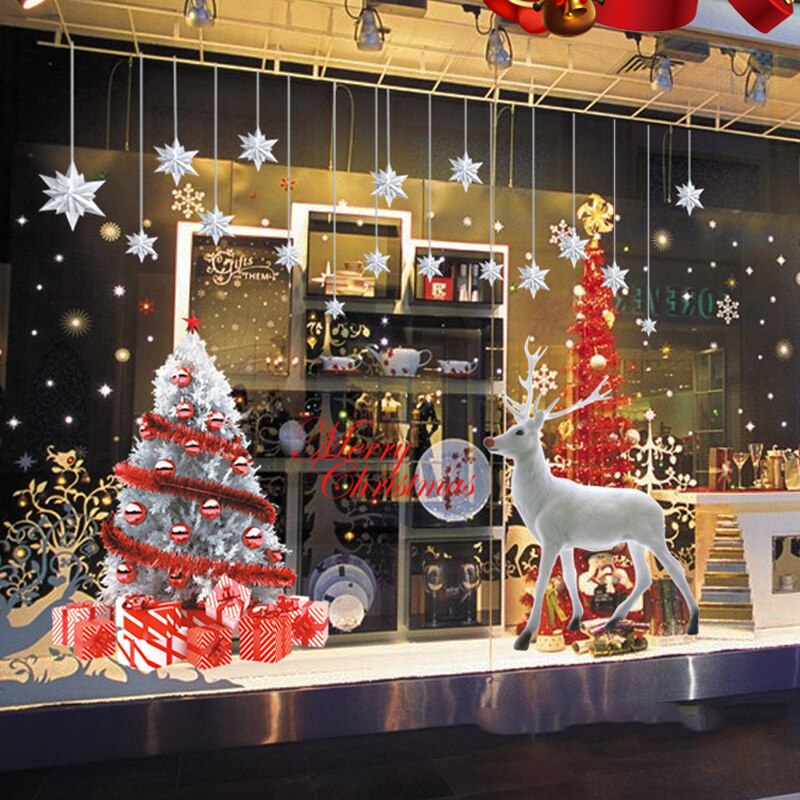 Store glædelige jul wallstickers vinduesglas udstillingsvindue hvidt træ hjorte hængende kunst mærkater juledekoration butiksindretning