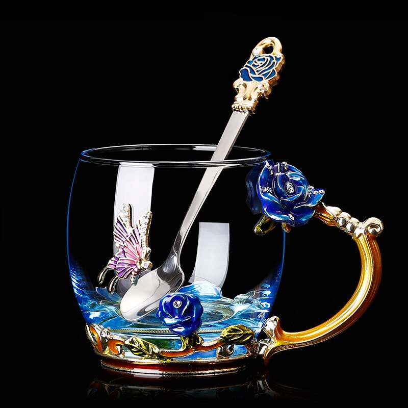 Glass Coffee Mug Tea Cup Enamel Crystal Flower High-grade Handgrip for Lover Wedding R2078