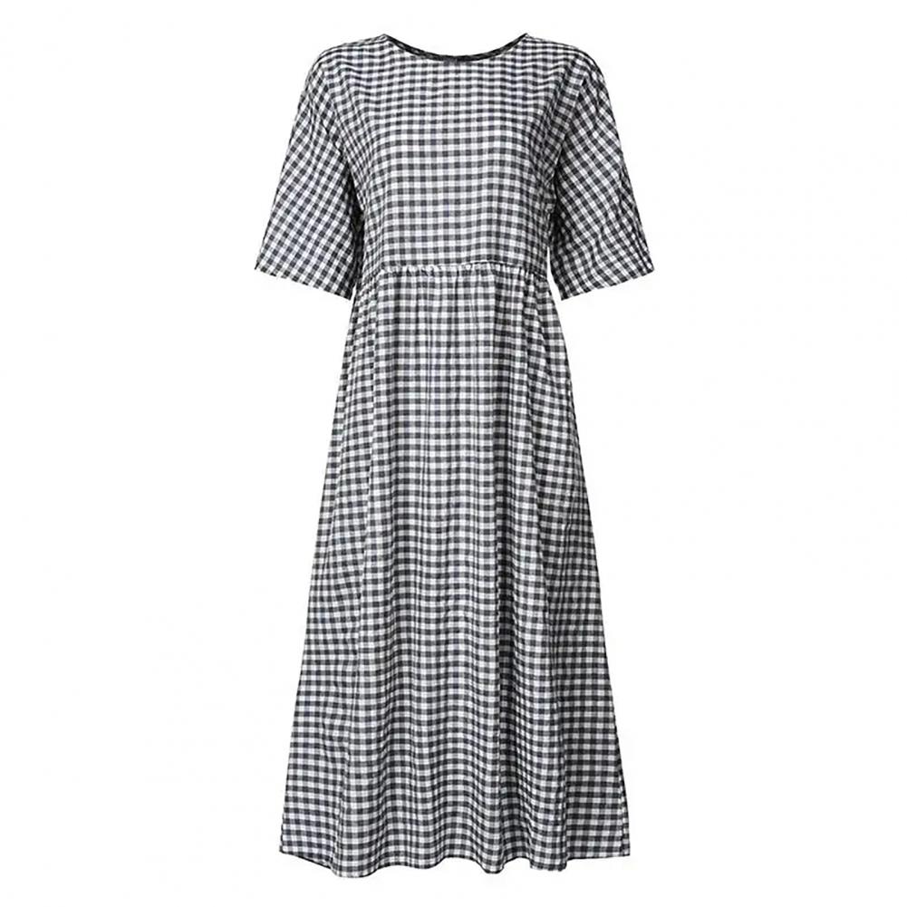 Short Sleeve Dress Stylish Check Print Maxi Dress for Women A-line Silhouette Short Sleeves Pleated for Commuting Dating: XL / black