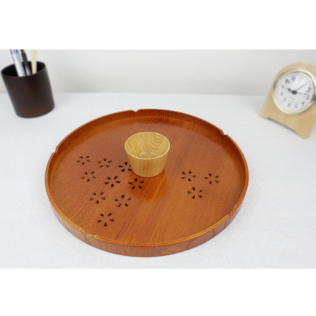 6 Types Serving Tray Wooden Tray Japanese Style Tea Home Hotel Guest Room Dish Round Wood Trays with Hollowed-out Cherry Blossom: Tawny 30x2cm 