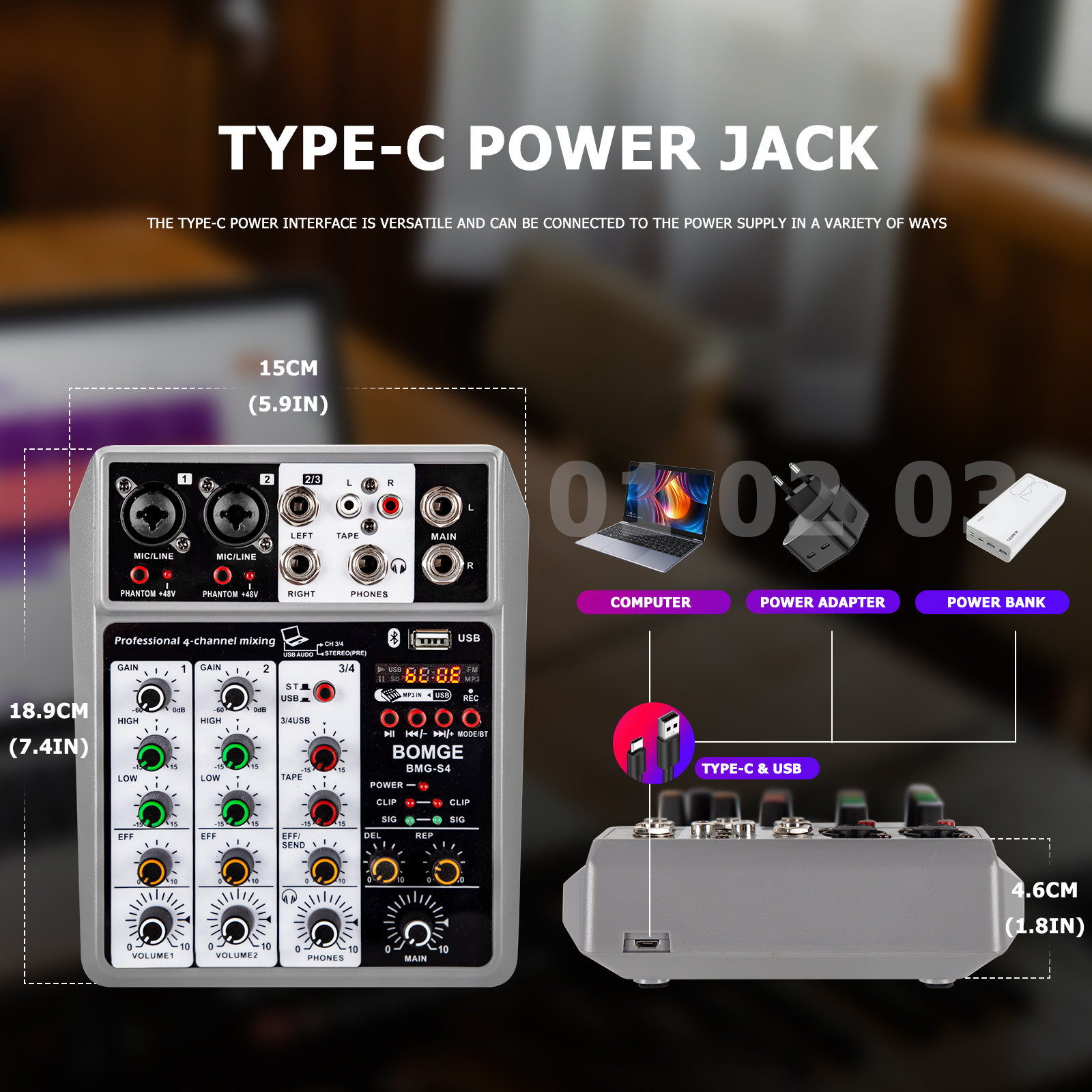 Digital 4- kanals lydmixer lydmikserpult med usb-interface stereomixere til dj-optagelse karaokebar