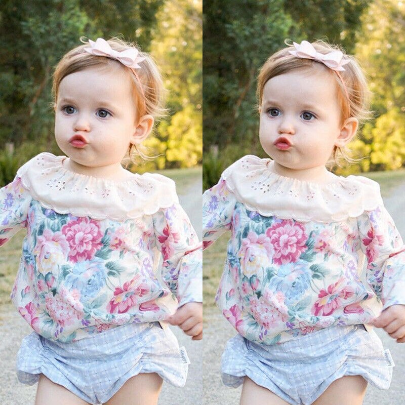 Newborn Infant Toddler Baby Girls Lace Floral T-shirt Flower Tops Blouse Outfits