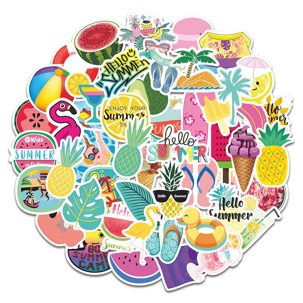 50Pcs Zomer Tropische Strand Flamingo Ananas Sticker Voor Kinderen Bagage Laptop Skateboard Fiets Pvc Cartoon Decal Stickers