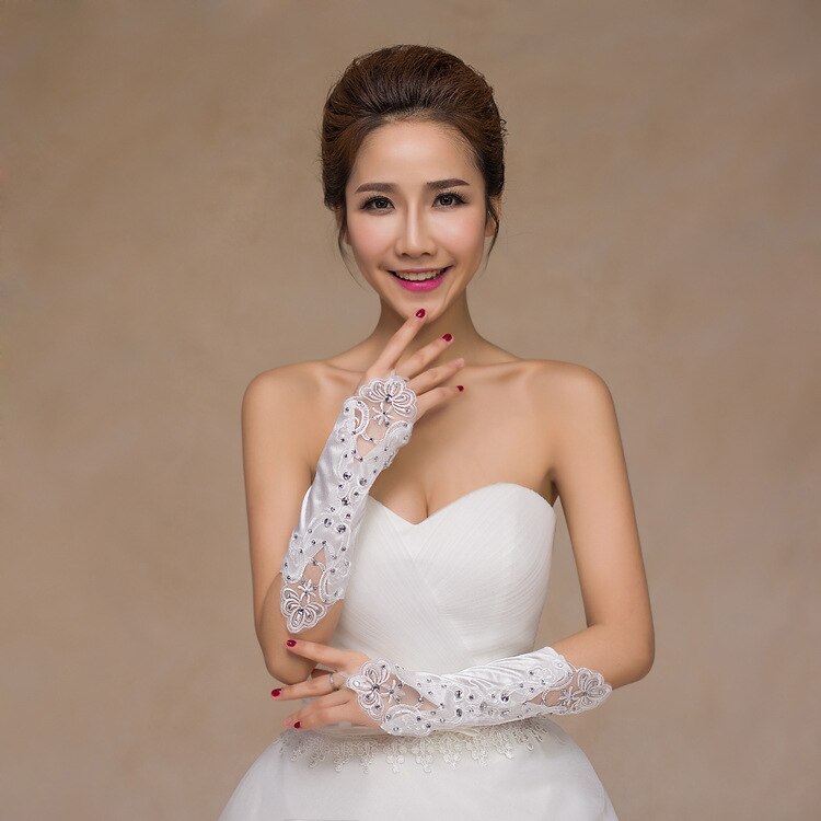 Vingerloze Handschoenen Bruid Bruiloft Satijnen Bruids Handschoenen Met Kralen En Pailletten Korte Bruiloft Accessoires