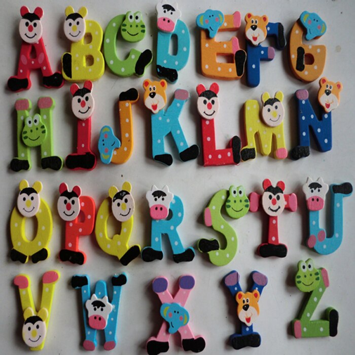 26Pcs Houten Cartoon Alfabet Magneten Houten Cartoon Alfabet A-Z Magneten Kind Educatief Speelgoed Engels Letters Koelkastmagneet