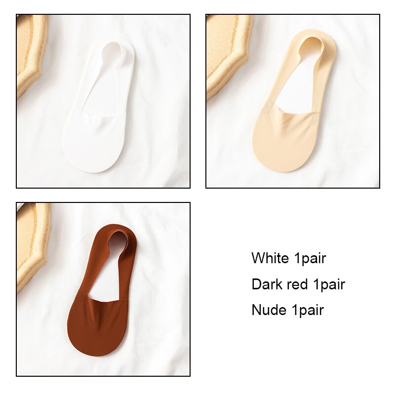 VKMONY – chaussettes invisibles en silicone ultra-fines pour femmes, 3 paires, été: White1Dred1Nude1