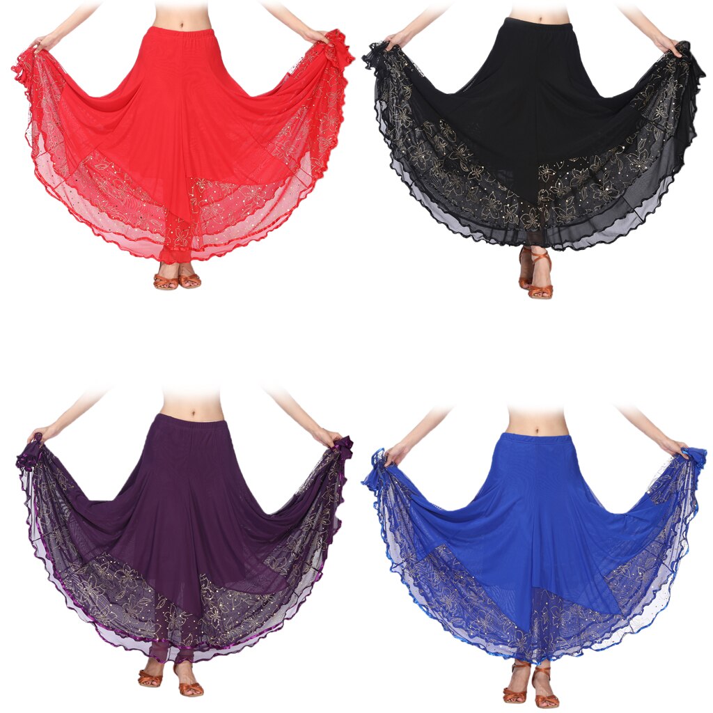 Lång flamenco modern dans kjol sequined mesh kjol vals klänning kvinnodräkt