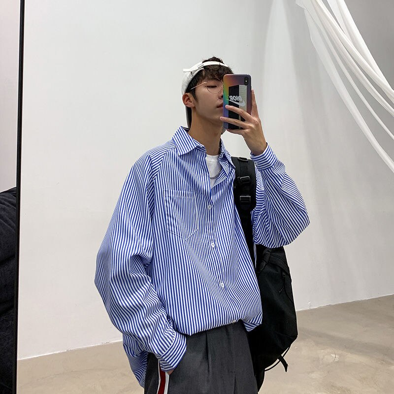 Men Shirts Striped Vintage All-match Korean Harajku Mens Simple Oversize Streetwear Leisure Male Outwear Ulzzang Loose BF