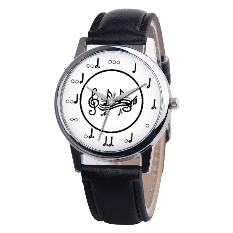 OKTIME Women PU Leather Strap Wrist Watch Musical Note Round Dial Casual Analog Quartz Watches TT@88: black and white
