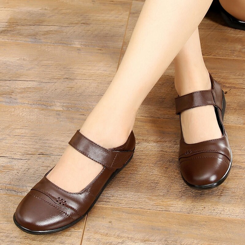 Zzpohe herfst handgemaakte leren platte schoenen dames casual schoenen dames flats oma antislip zachte zool wandelschoenen