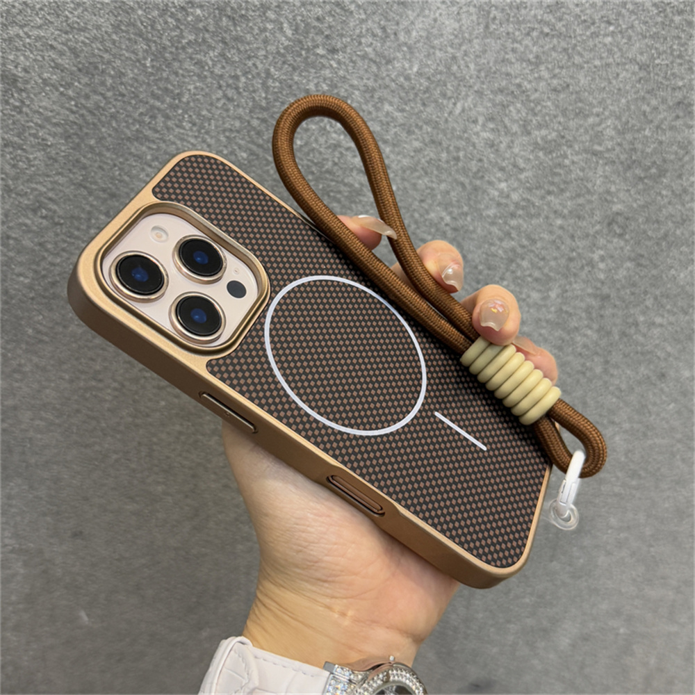 Luxury With Lanyard Kevlar Pattern For Magsafe Phone Case For iPhone 16 15 14 13 12 Pro Max Magnetic Wireless Charging Cover