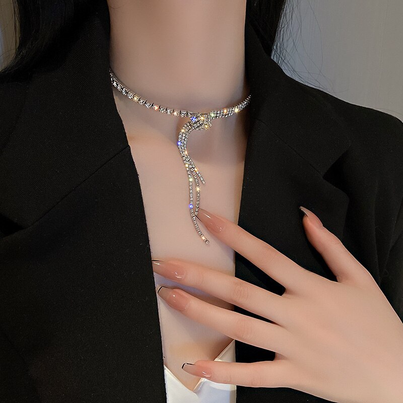 FYUAN Gesign Geometric Crystal Choker Necklaces for Women Long Tassel RhinestoneTorques Necklaces Statement Jewelry