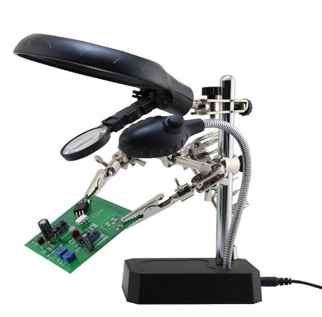 Welding magnifying glass 5 LED Light Auxiliary Clip loupe Magnifier 3 In1 Hand Soldering Solder Iron Stand Holder Station