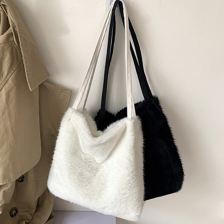 Macio de pelúcia feminina bolsa bolsas inverno moda meninas estudante bonito bolsa de ombro cor sólida senhoras peludo sacola de compras ocasional