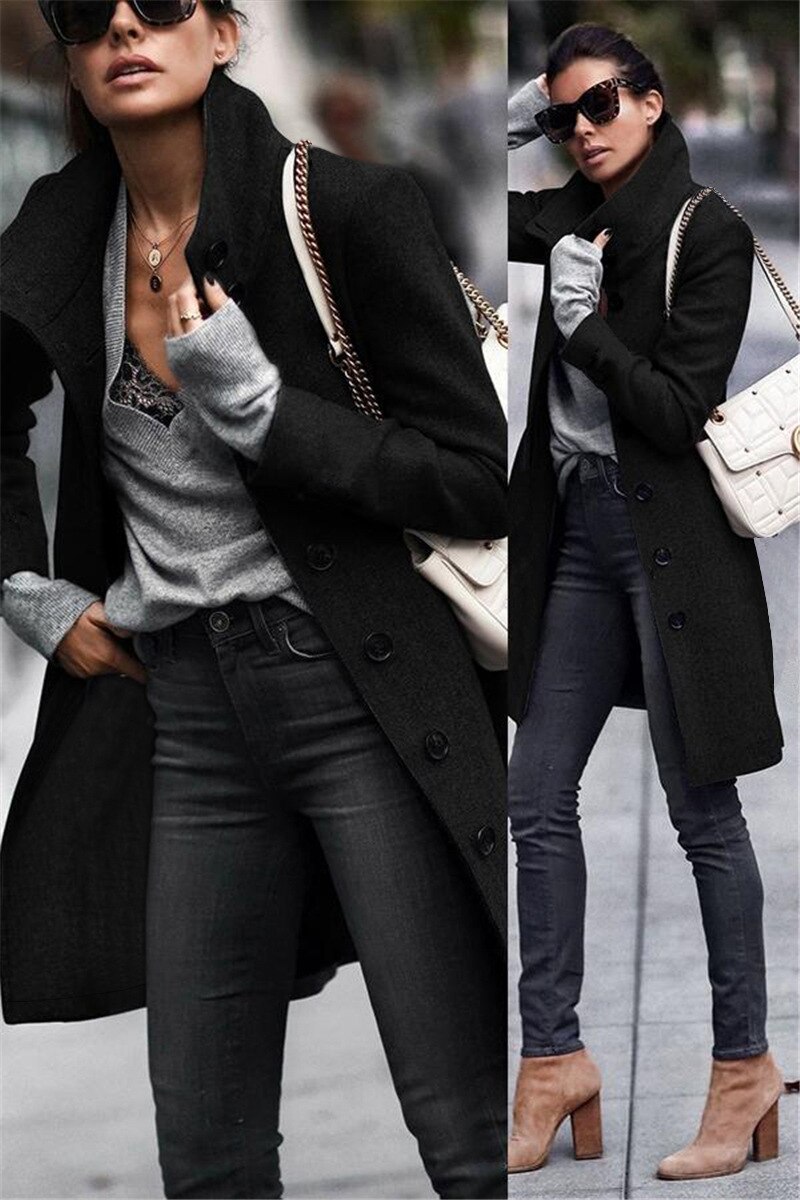 INGOO Autumn Women Long Wool Trench Coat Feminino Office Ladies Caots Winter Casual Vintage A Line Solid Overcoats Femala: Black / L