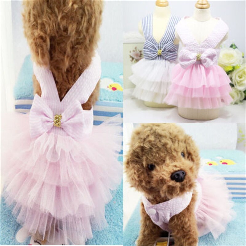 Vestido de tutú para cachorros, ropa de princesa con estampado de rayas de gasa de red y lazo para perros y gatos, novedad