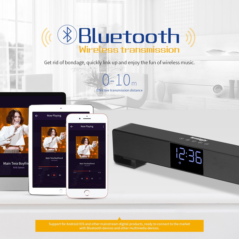 Smalody TV Bluetooth Speaker Portable Wireless Sound Bar Dual Loudspeakers 10W with Alarm-clock LED Display Handsfree Call AUX