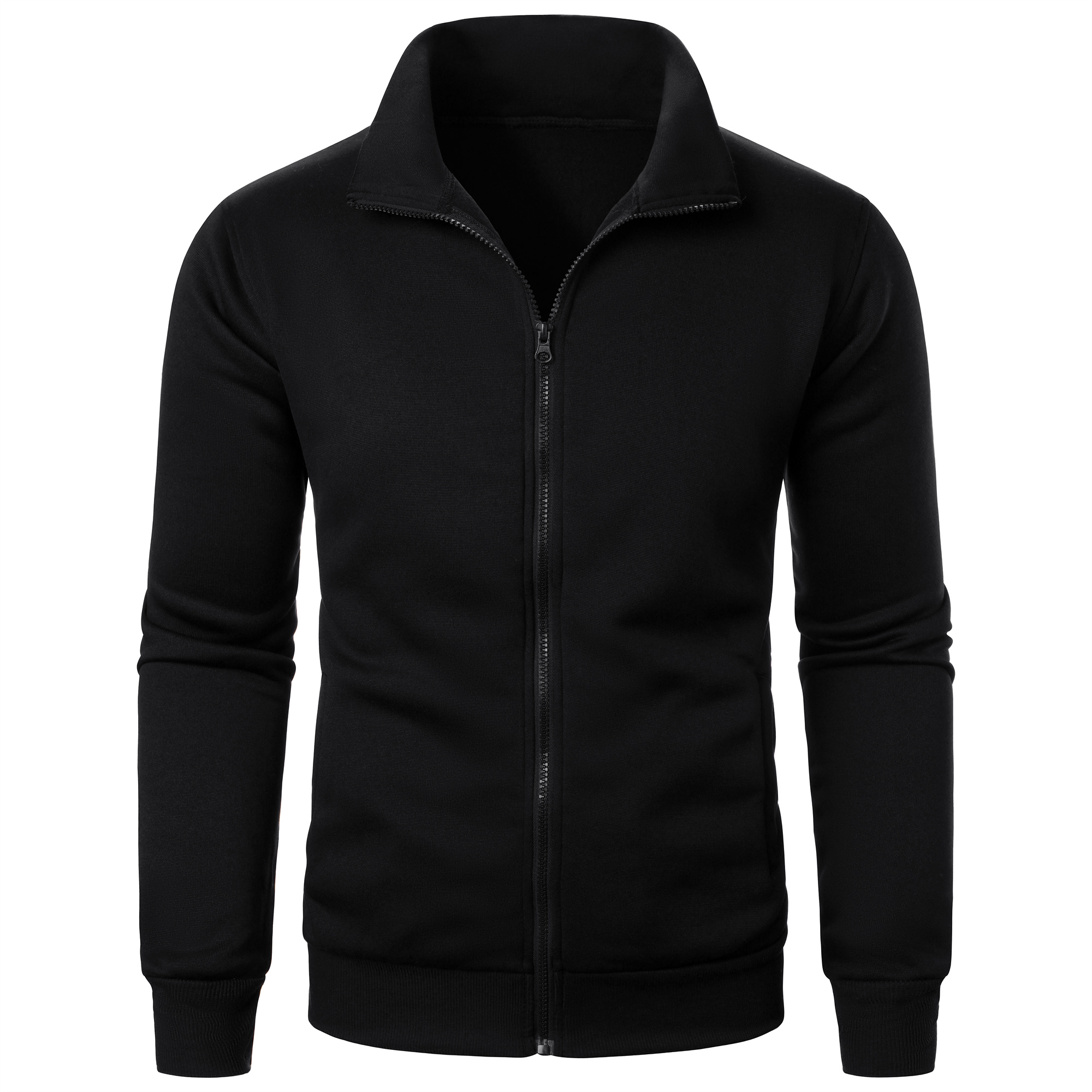 Casual sportjas voor heren met rits, opstaande kraag en capuchon, effen vest voor heren: S / Black