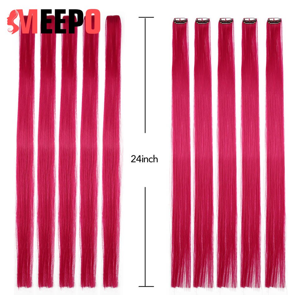 MEEPO Synthetic Hair Extensions 24 Inches Long Straight Hair 10Pieces/Set Colored Highlight Clip-In One Piece Pure Color