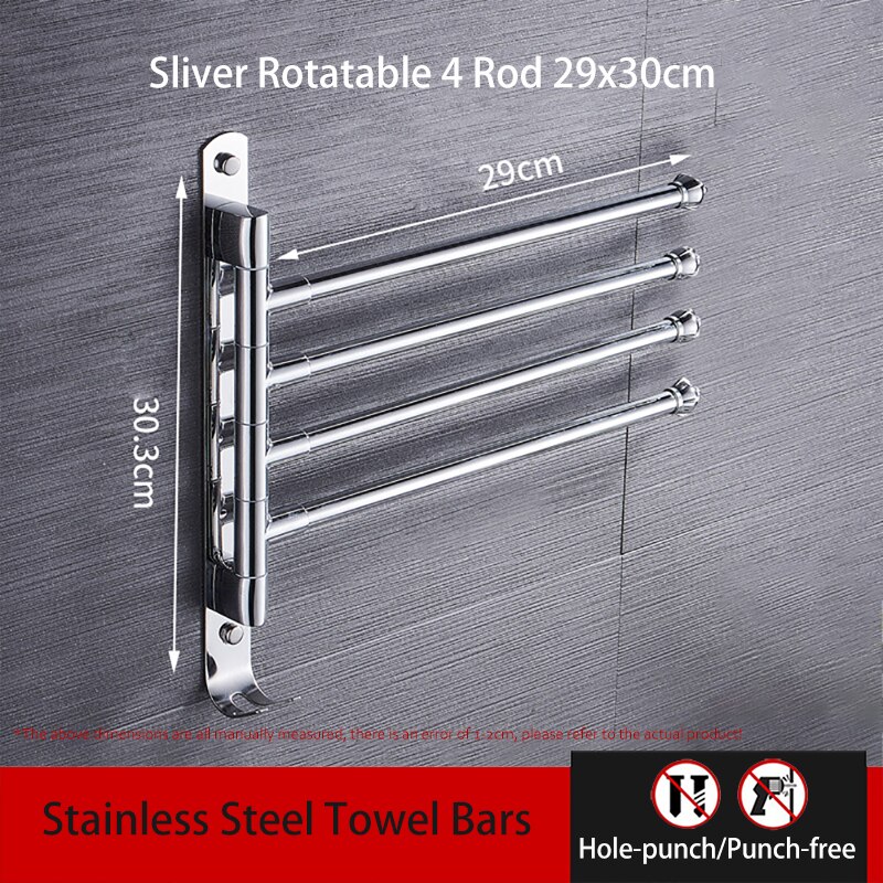 Rotatable Rod Towel Hanger Bar Punch-Free Stainless Steel Wall Shower Hanging Movable Holder Rack Bathroom Accessories 00TB0302: 4 Pole Short 29cm