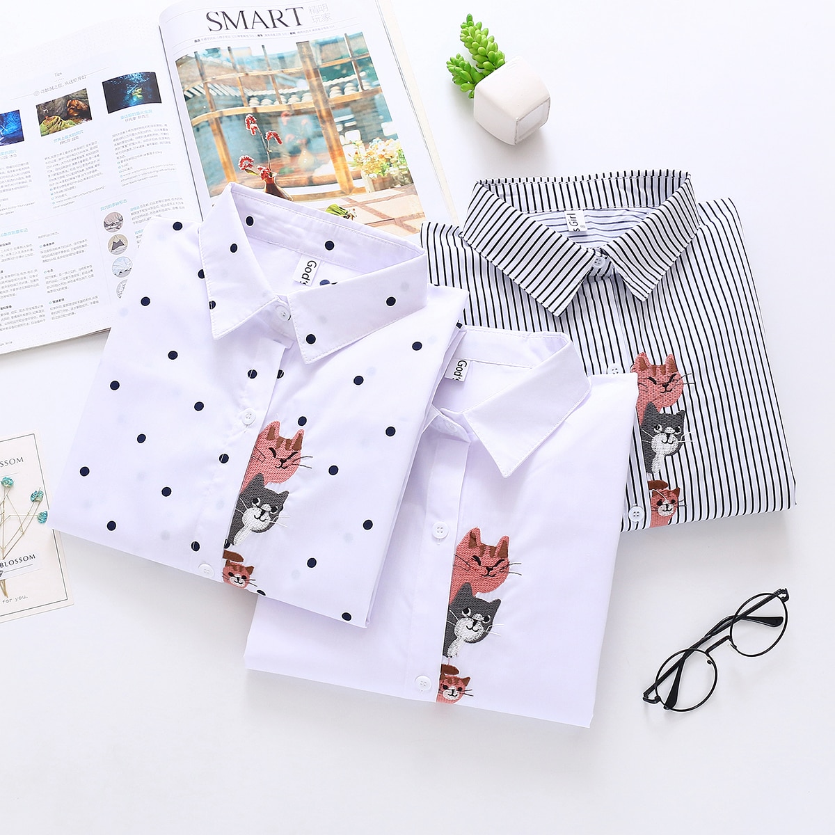 Kvinner blomsterbroderi lange armer hvit stripete skjorte knapp opp bluse skru ned krage topper feminina blusas  t9 d 627t