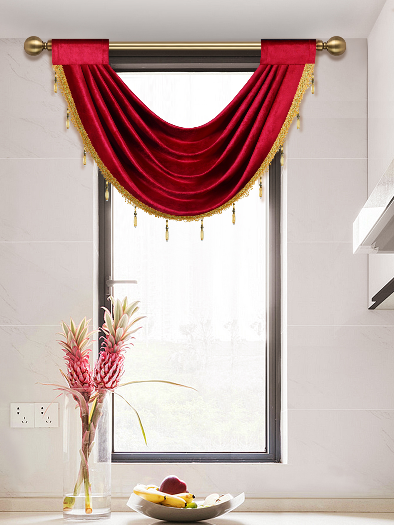 Cantonnière de rideau de fenêtre de Style européen de luxe, 1 pièce, pour salon, poche de tige, cantonnière moderne avec bord de perle de gagner, décor dow: Rouge