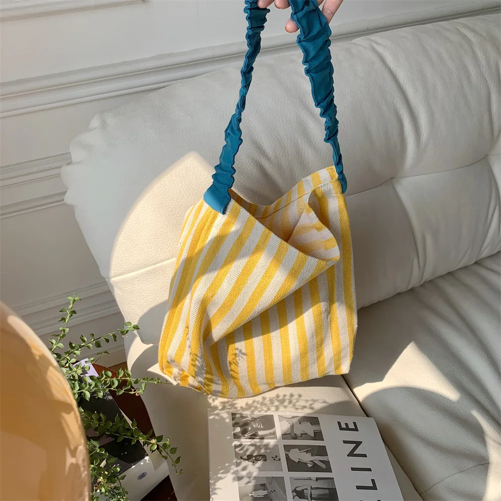Sacs à bandoulière à rayures de couleur contrastée pour femmes, fourre-tout Simple en toile pour livres d'université pour filles, sac de Shopping décontracté, sacs à main de voyage: Black