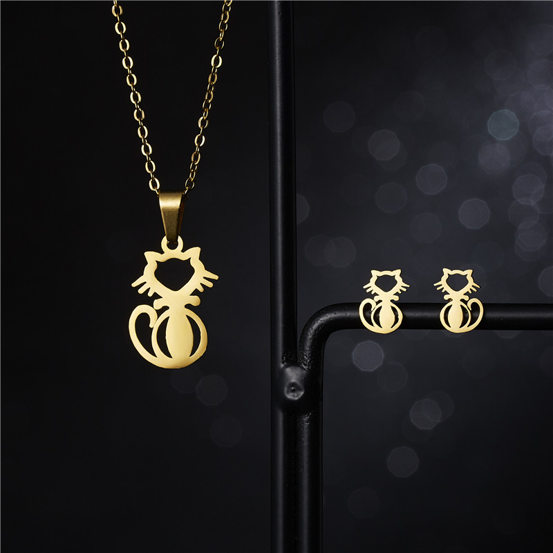 Rinhoo Dier Vlinder Rvs Hanger Ketting Sets Voor Vrouwen Kat Visgraten Ketting Oorbellen Sieraden: Cat-3