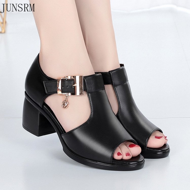 Summer style fish mouth casual ladies solid color thick heel buckle sandals sandalias mujer