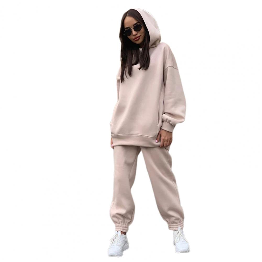 Oversized Hoodie Sweatpants Set Two Piece Women Tracksuit Autumn Trouser Suits Thermal Sweatshirt Solid Sports Hoodie Sportswear: XL / APRICOT