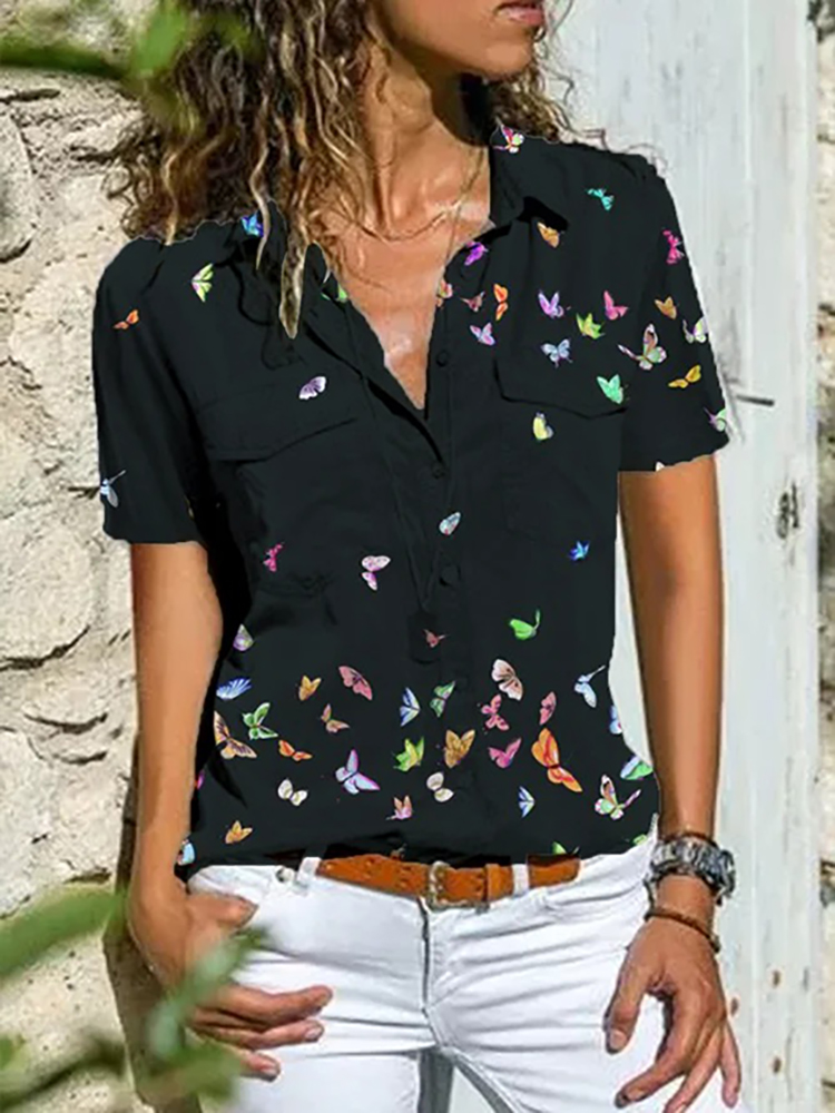 Camicia da donna a maniche corte estiva camicia allentata moda donna elegante camicetta da donna: Black / 5XL