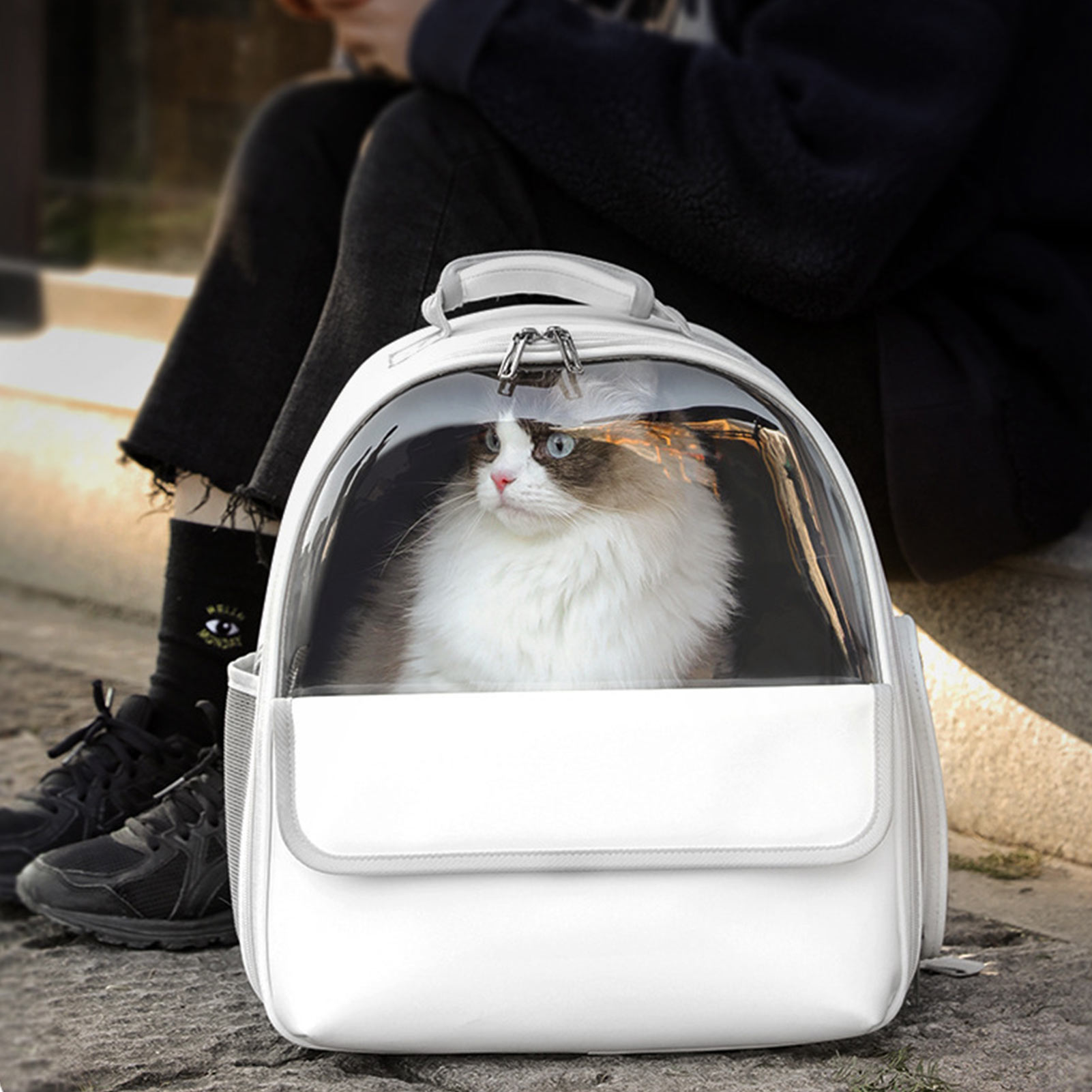 Space Bag Pet Carrier Cat Backpack Transport Bag Visible Cat Carrier Backpacks Breathable Mesh Fabric Waterproof PU Pink / White