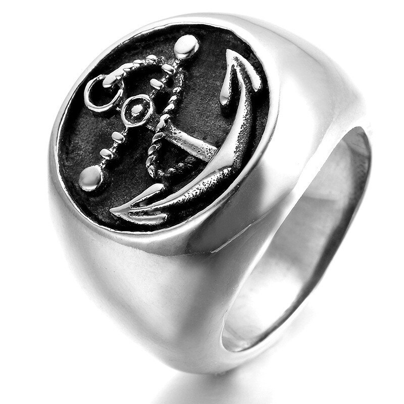 Anillo de motorista de acero inoxidable para hombre, color plateado, ancla marina, marinero, 316L
