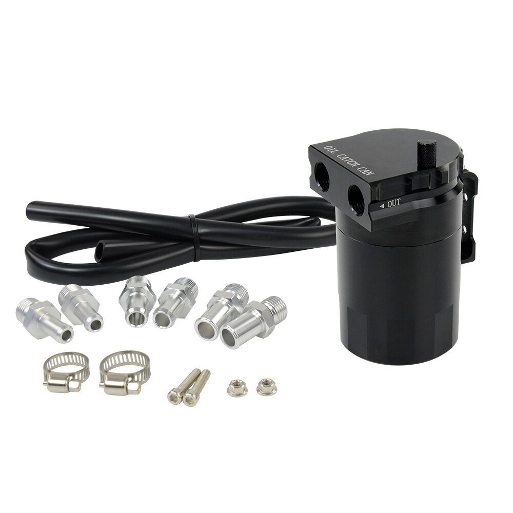 Universal Aluminum Oil Catch Can Oil Filter Tank Round Reservoir Oil Drainer with 11mm/15mm Fittings and Oil dipstick PQY-TK63: black