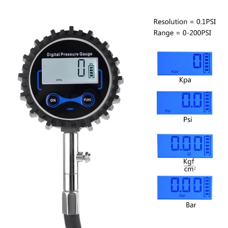 Digital dæktryksmåler 200 psi udskiftelig luftchuck til biler motorcykel rv suv truck tpms cykeldæk
