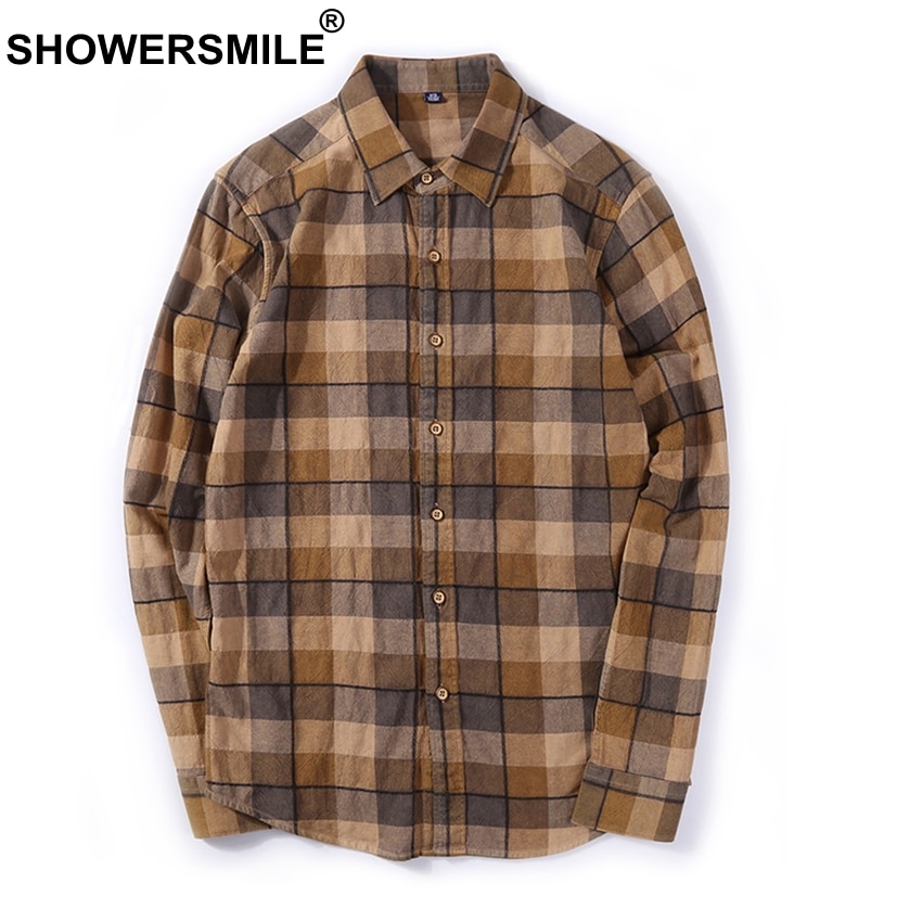 Showersmile brune rutete skjorter menn flanell casual langermet skjorte herre bomull slim fit rutete klær i britisk stil