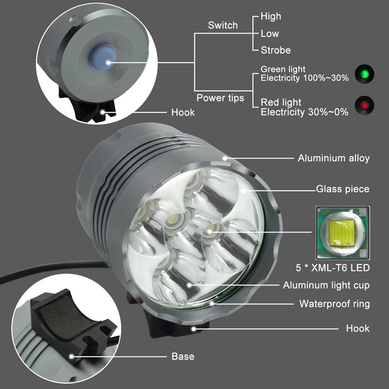 5*t6 led cykellygte lanterne 7000lm cykel forlygter mtb forlygte cykellygte  + 8.4v oplader  + 18650 batteripakke