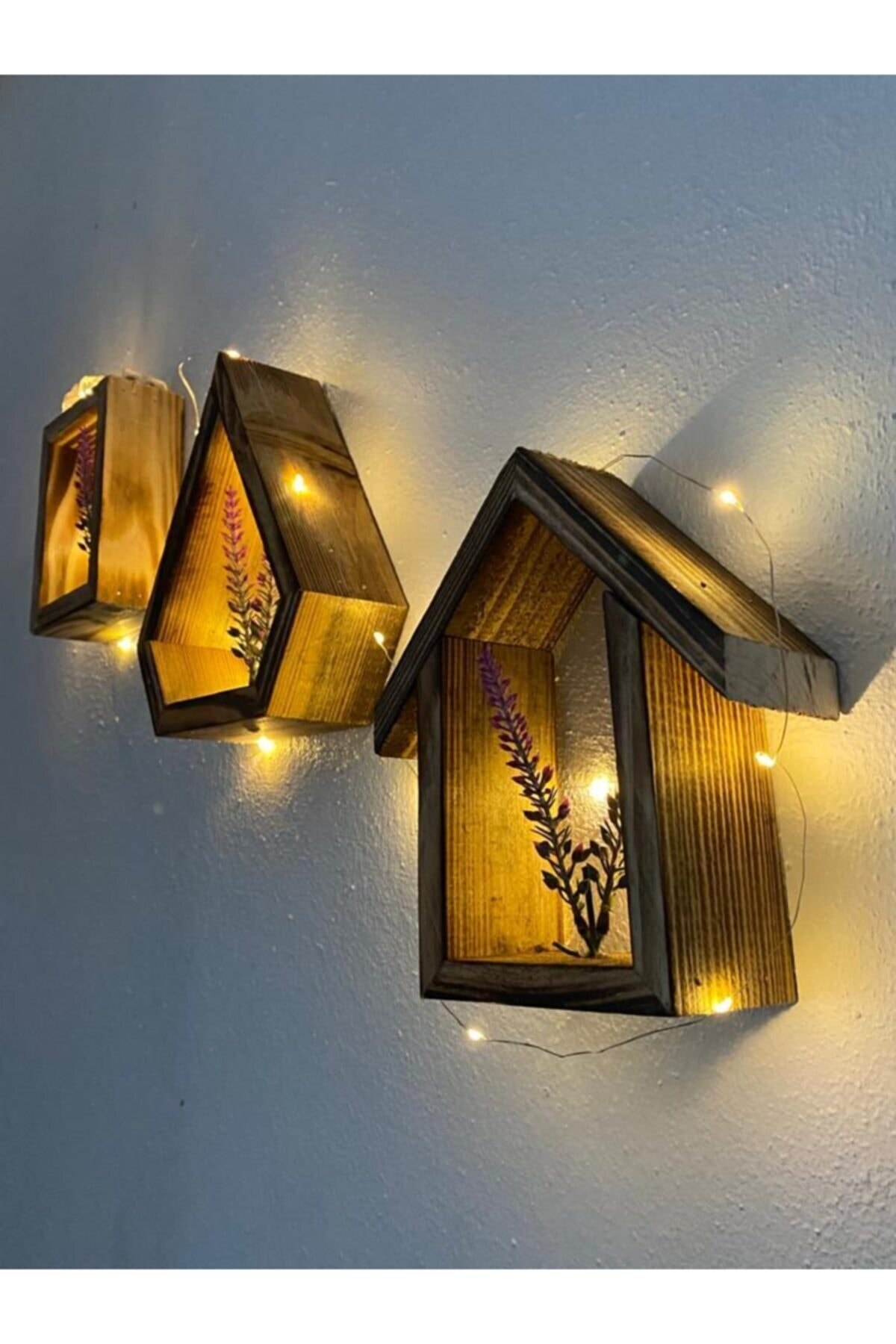 Led Light Decorative 3'lü Wooden Wall Rack