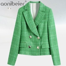 Aonibeier – ensemble de costume en Tweed vert écossais pour femme, blazer ajusté, poches, Style anglais, pantalons courts, tenues urbaines