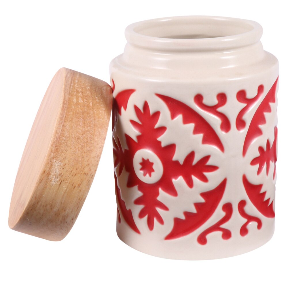 Ceramic Grain Canister Food Kitchen Sealed Storage Container Empty Storage Jar Dried Fruit Jar with Wooden Lid (Red)