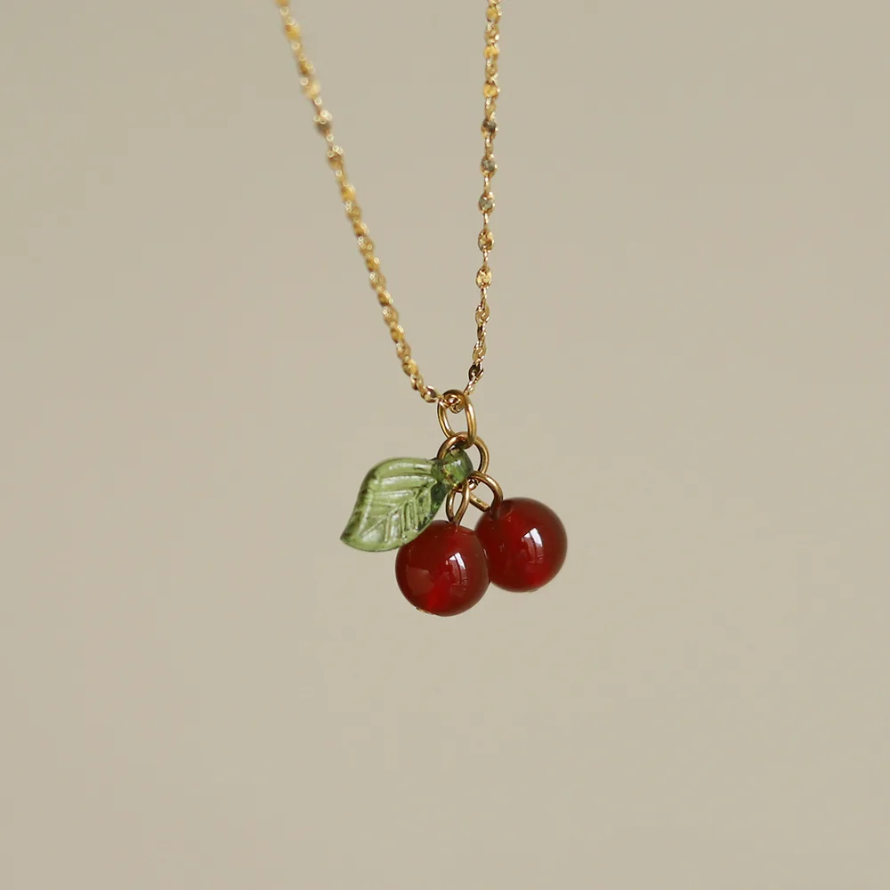 Halsband i rostfritt stål med körsbär, naturstenspärlor, hänge, kedja, kvinnors bröllopsfest, smycken, födelsedag