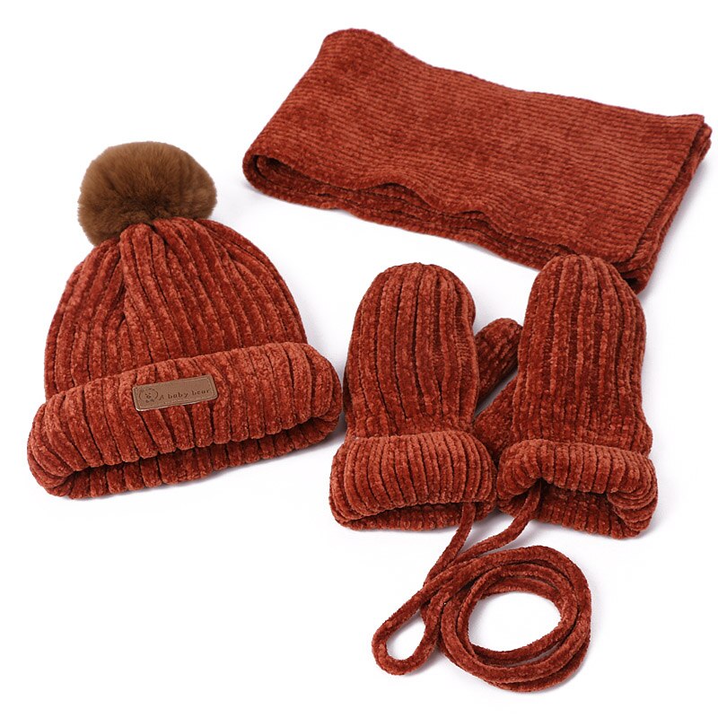 3 stk vinter baby hat tørklæde handsker sæt børn pompon strikkede hatte til piger drenge tykke varme handsker tørklæde beanies med foring: H