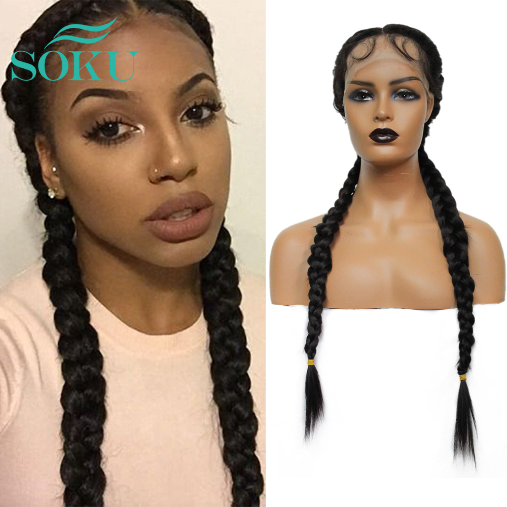 Long Double Braids Synthetic Lace Front Wigs with Baby Hair SOKU Middle PartHeat Resistant Fiber 2 Ponytail Braided Lace Wig